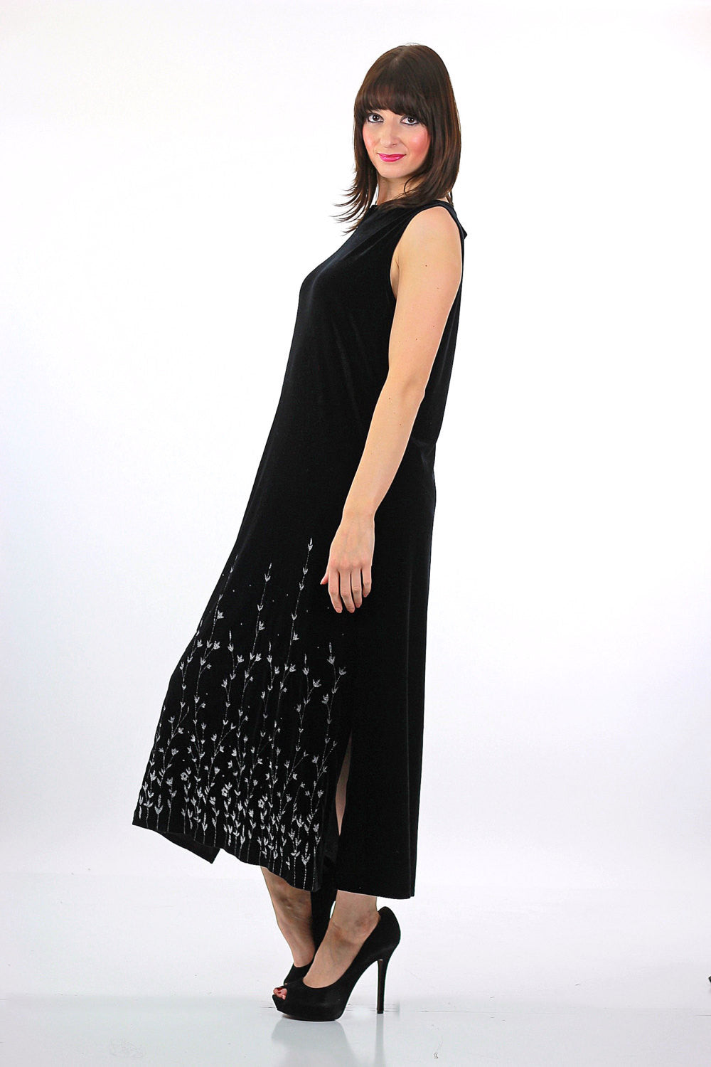 90s Grunge goth black velvet metallic maxi dress Medium