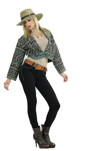 Southwestern jacket boho blanket Tribal cropped Coat gypsy Aqua woven Abstract Festival  Short jacket crop top Tribal Print Green - shabbybabe
 - 3