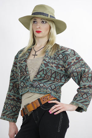 Southwestern jacket boho blanket Tribal cropped Coat gypsy Aqua woven Abstract Festival  Short jacket crop top Tribal Print Green - shabbybabe
 - 5