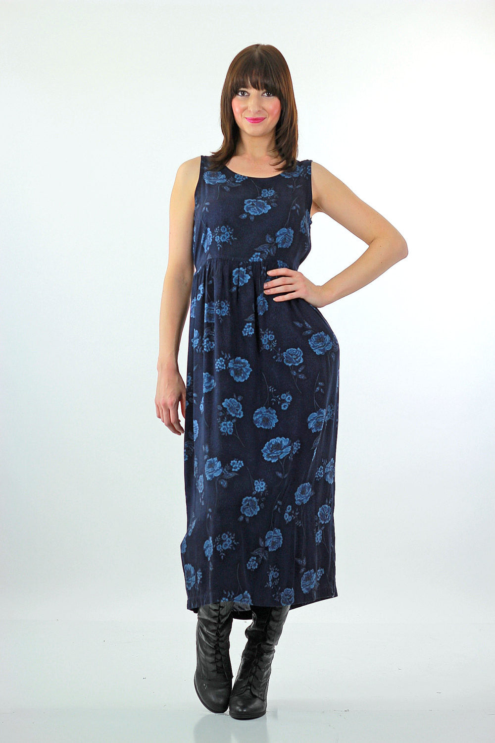 90s Grunge blue floral tie back maxi dress