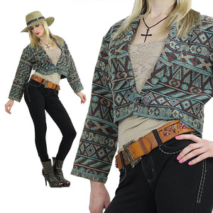 Southwestern jacket boho blanket Tribal cropped Coat gypsy Aqua woven Abstract Festival  Short jacket crop top Tribal Print Green - shabbybabe
 - 2