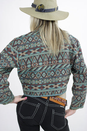 Southwestern jacket boho blanket Tribal cropped Coat gypsy Aqua woven Abstract Festival  Short jacket crop top Tribal Print Green - shabbybabe
 - 4