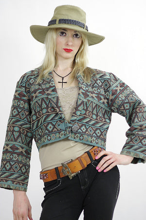 Southwestern jacket boho blanket Tribal cropped Coat gypsy Aqua woven Abstract Festival  Short jacket crop top Tribal Print Green - shabbybabe
 - 1
