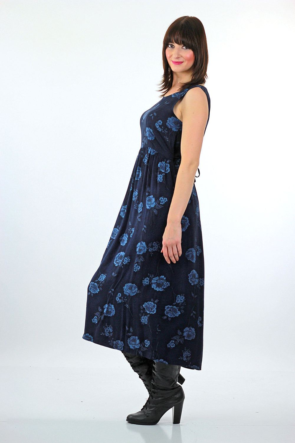 knee length dresses for ladies 90s Grunge blue floral tie back maxi dress