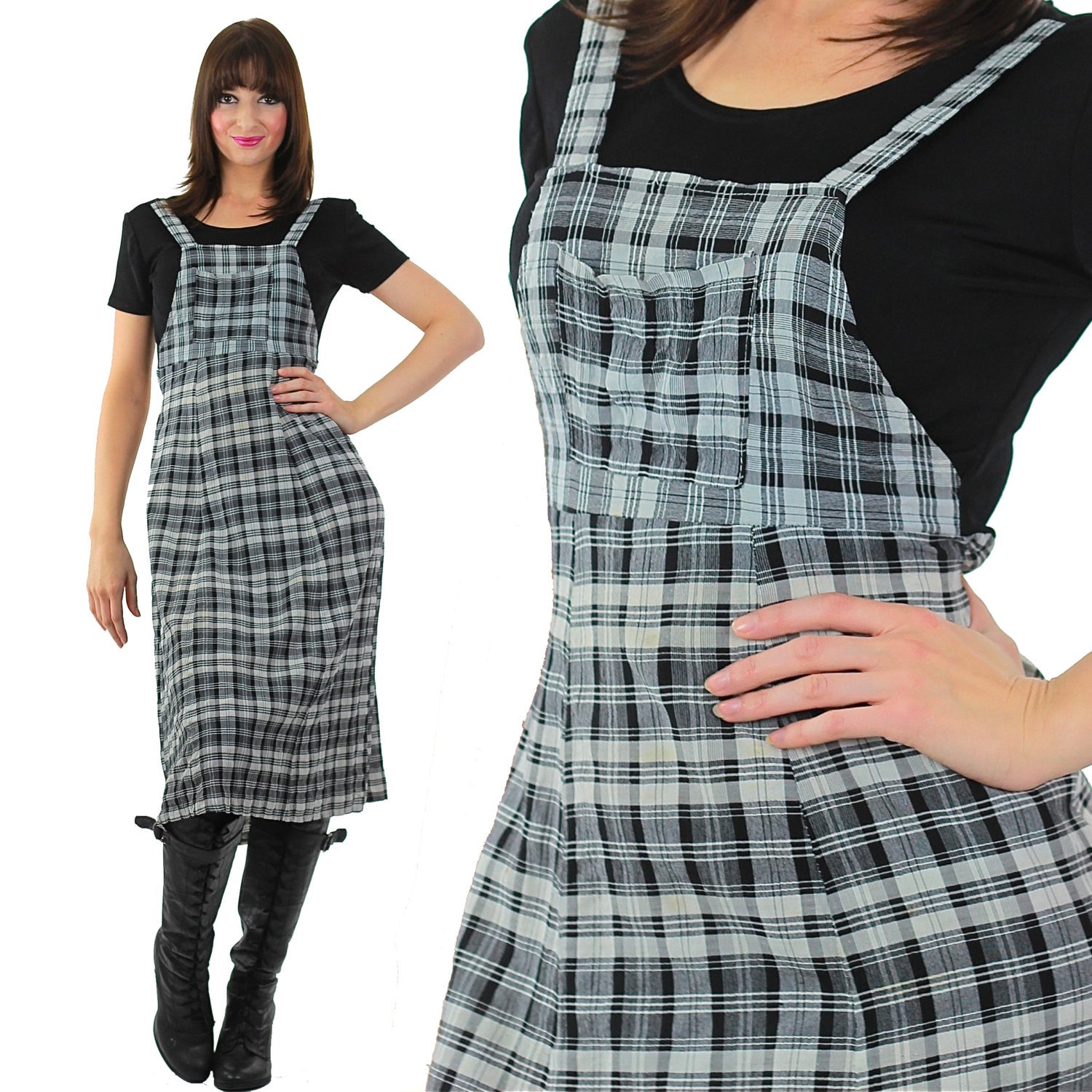 90s Grunge Tartan Plaid coverall maxi jumper Dress shabbybabe