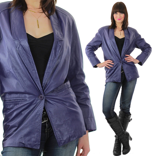 Leather Jacket Vintage 80s Moto Blue leather blazer Retro leather Coat biker Rocker Jacket hippie Party long sleeve Medium - shabbybabe
 - 1