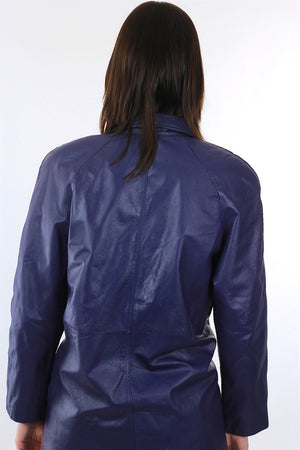 Leather Jacket Vintage 80s Moto Blue leather blazer Retro leather Coat biker Rocker Jacket hippie Party long sleeve Medium - shabbybabe
 - 3