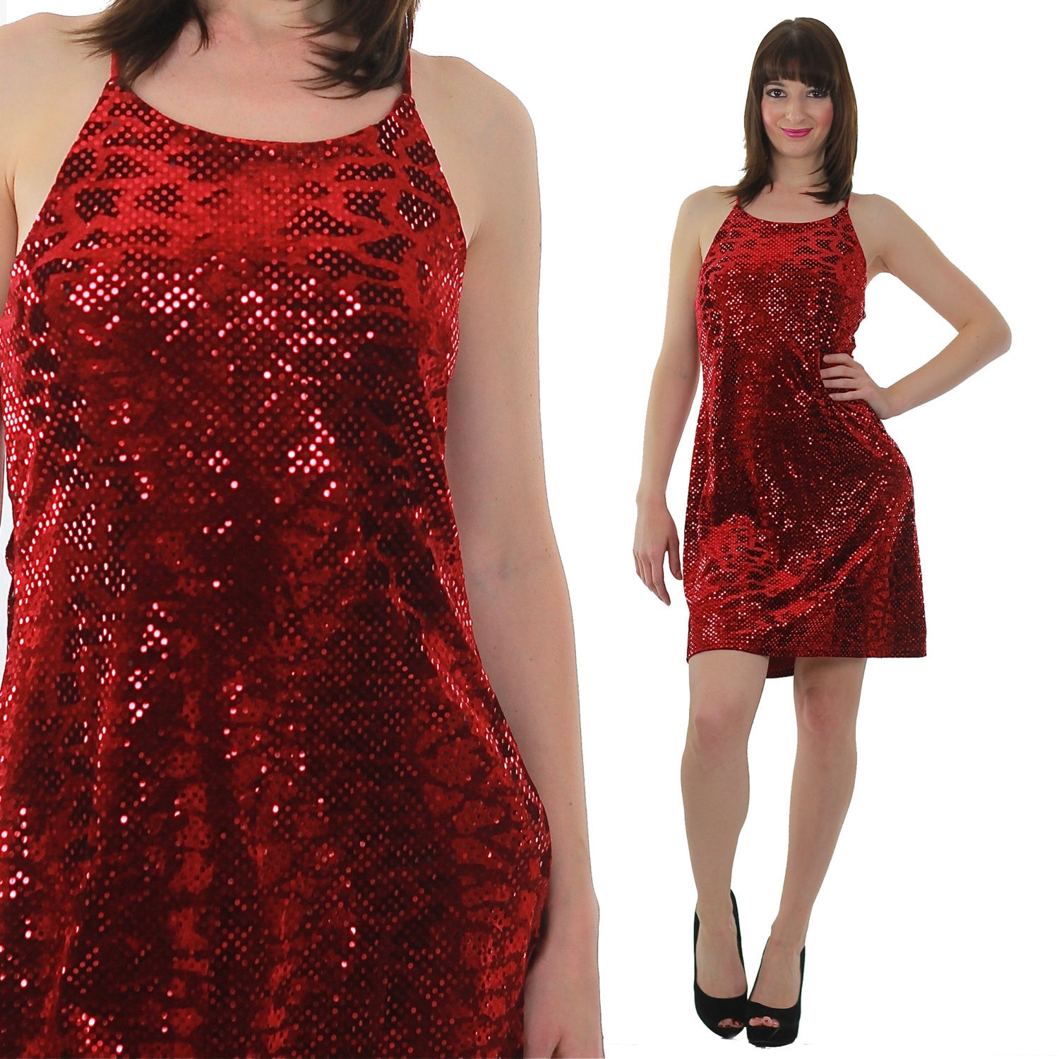 Vintage 90s grunge red sequin cocktail party mini dress - shabbybabe Vintage 90s grunge red sequin cocktail party mini dress - shabbybabe