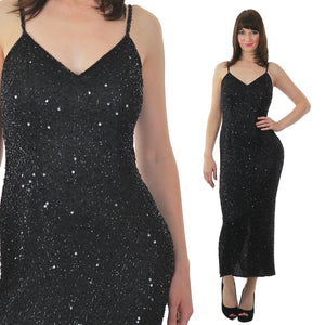 80s Black sequin beaded dress open back cocktail party Medium - shabbybabe
 - 2