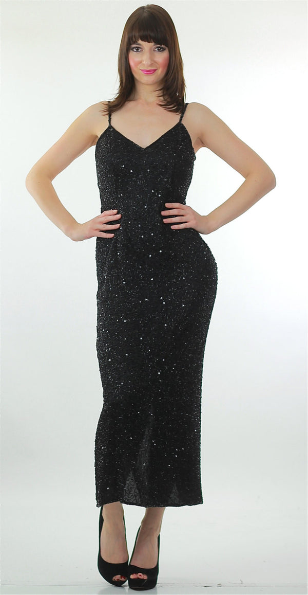 80s Black sequin beaded dress open back cocktail party Medium - shabbybabe
 - 1