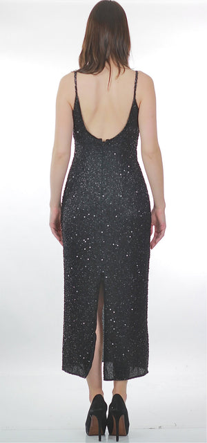 80s Black sequin beaded dress open back cocktail party Medium - shabbybabe
 - 3