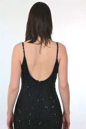 80s Black sequin beaded dress open back cocktail party Medium - shabbybabe
 - 5