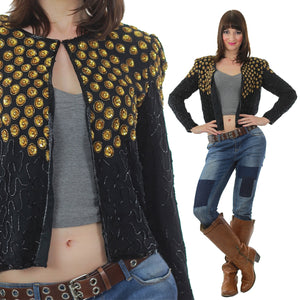 Sequin Jacket Vintage 1980s  gold Metallic Evening cocktail party long sleeve Deco Silk top Small - shabbybabe
 - 1