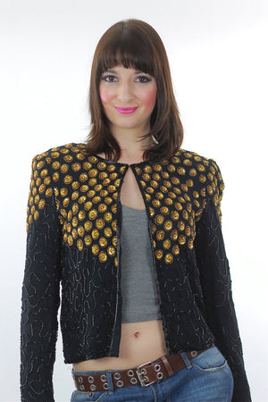 Sequin Jacket Vintage 1980s  gold Metallic Evening cocktail party long sleeve Deco Silk top Small - shabbybabe
 - 2