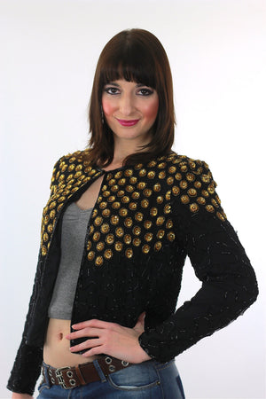 Sequin Jacket Vintage 1980s  gold Metallic Evening cocktail party long sleeve Deco Silk top Small - shabbybabe
 - 3