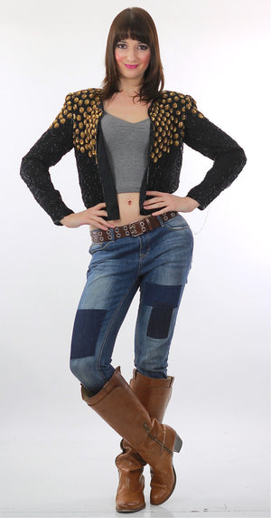 Sequin Jacket Vintage 1980s  gold Metallic Evening cocktail party long sleeve Deco Silk top Small - shabbybabe
 - 5