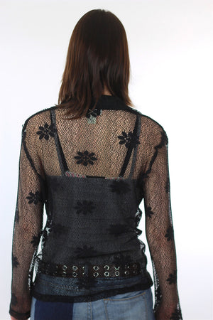 Sheer blouse Black floral lace shirt Vintage 1990s grunge goth abstract Retro boho button up top Medium Large - shabbybabe
 - 4