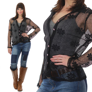 Sheer blouse Black floral lace shirt Vintage 1990s grunge goth abstract Retro boho button up top Medium Large - shabbybabe
 - 1