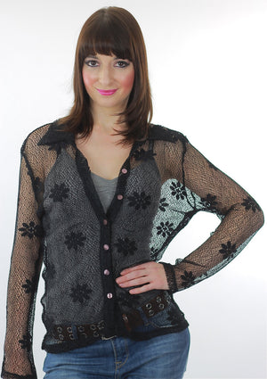 Sheer blouse Black floral lace shirt Vintage 1990s grunge goth abstract Retro boho button up top Medium Large - shabbybabe
 - 2