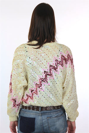 Sequin Sweater 80s Abstract metallic Pink white zig zag Glitter Deco Glam Pullover retro long sleeve top Medium - shabbybabe
 - 4