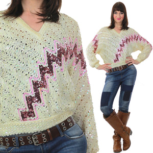 Sequin Sweater 80s Abstract metallic Pink white zig zag Glitter Deco Glam Pullover retro long sleeve top Medium - shabbybabe
 - 1