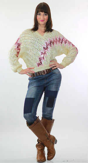 Sequin Sweater 80s Abstract metallic Pink white zig zag Glitter Deco Glam Pullover retro long sleeve top Medium - shabbybabe
 - 5