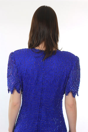 Vintage 80s Deco Gatsby blue sequin beaded dress - shabbybabe
 - 5