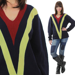 Stripe sweater Knit Chevron Vintage 70s retro color block navy blue Mod menswear preppy  Bohemian V neck Medium large - shabbybabe
 - 1