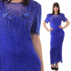 Vintage 80s Deco Gatsby blue sequin beaded dress - shabbybabe
 - 1