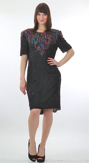 Vintage 80s Gatsby Deco Flapper black sequin beaded party dress - shabbybabe
 - 3