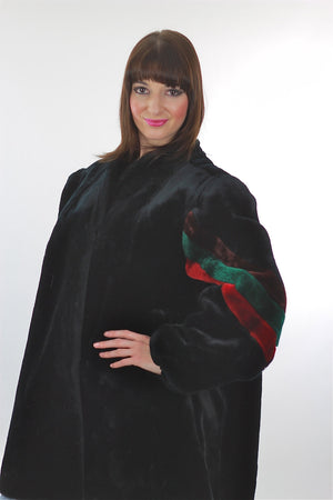 Fur Coat Vintage 70s Faux Fur Party Striped Chubby disco Retro Gray Mod evening Plush Large - shabbybabe
 - 3