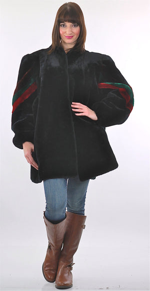 Fur Coat Vintage 70s Faux Fur Party Striped Chubby disco Retro Gray Mod evening Plush Large - shabbybabe
 - 5