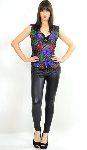 80s patchwork Deco Sequin beaded top vest - shabbybabe
 - 3