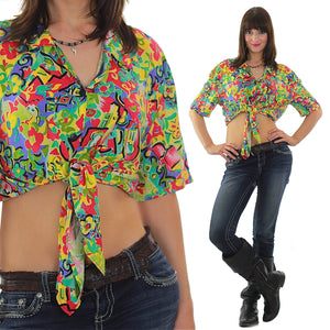 Floral blouse Crop top Vintage 80s cropped Retro Bohemian festival shirt short sleeve belly top tie front Medium - shabbybabe
 - 2