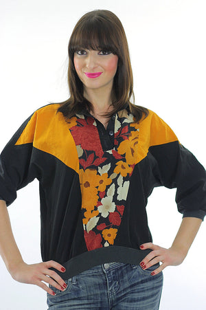 80s Boho Color block oversized floral shirt top - shabbybabe
 - 1