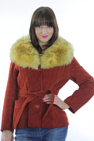 Fur collar suede jacket Vintage 80s Shearling jacket Bohemian cropped suede leather jacket rust color leather jacket  S - shabbybabe
 - 4