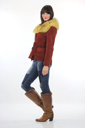 Fur collar suede jacket Vintage 80s Shearling jacket Bohemian cropped suede leather jacket rust color leather jacket  S - shabbybabe
 - 3