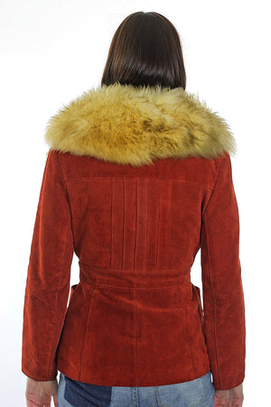 Fur collar suede jacket Vintage 80s Shearling jacket Bohemian cropped suede leather jacket rust color leather jacket  S - shabbybabe
 - 5