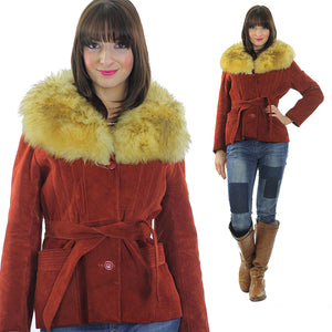 Fur collar suede jacket Vintage 80s Shearling jacket Bohemian cropped suede leather jacket rust color leather jacket  S - shabbybabe
 - 1