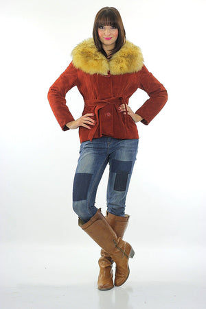 Fur collar suede jacket Vintage 80s Shearling jacket Bohemian cropped suede leather jacket rust color leather jacket  S - shabbybabe
 - 2