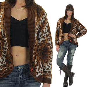 Leopard Sweater 90s Animal Print Cheetah Cardigan slouchy Retro Oversized Bohemian Hippie top medium - shabbybabe
 - 1