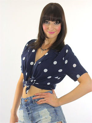 90s grunge top Polka dot crop top  Navy blue Polkadot belly shirt M - shabbybabe
 - 1