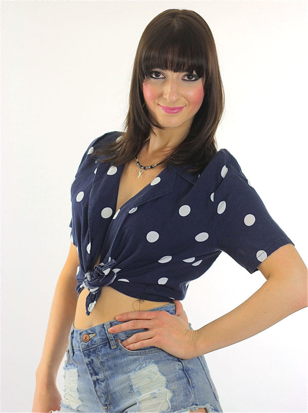 90s grunge top Polka dot crop top  Navy blue Polkadot belly shirt M - shabbybabe
 - 1