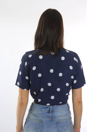 90s grunge top Polka dot crop top  Navy blue Polkadot belly shirt M - shabbybabe
 - 4