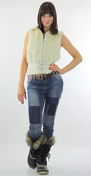 Fur Vest White rabbit fur vest Vintage 90s grunge vest Knit vest Knitted vest Ribbed vest Cropped vest top Zipper Vest White Vest shirt - shabbybabe
 - 5