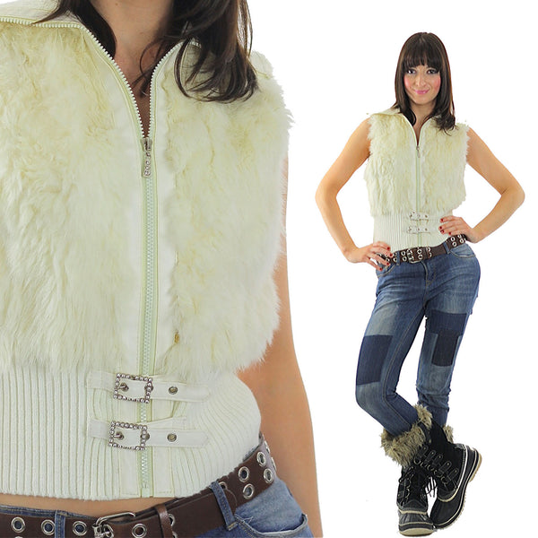Fur Vest White rabbit fur vest Vintage 90s grunge vest Knit vest Knitted vest Ribbed vest Cropped vest top Zipper Vest White Vest shirt - shabbybabe
 - 1