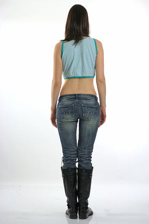 striped crop top Green white belly shirt Nautical tee Beach Aqua striped Aqua cropped Festival Cotton Medium - shabbybabe
 - 3