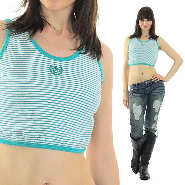 striped crop top Green white belly shirt Nautical tee Beach Aqua striped Aqua cropped Festival Cotton Medium - shabbybabe
 - 1