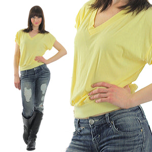 yellow shirt Crop top 1980s Pastel slouchy retro deep V Plunging oversized slouchy tee shirt Medium Large - shabbybabe
 - 2