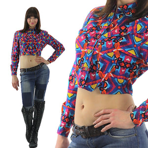 80s Boho Crop top jacket Abstract Cotton Neon Belly shirt Gypsy Bohemian M - shabbybabe
 - 2